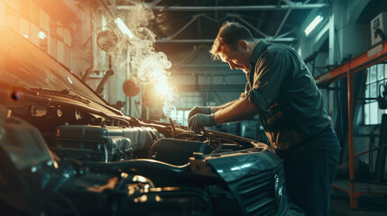 Un tecnico meccanico effettua riparazione al motore di un'automobile - obrazy, fototapety, plakaty