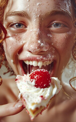 A woman with a happy expression eats a slice of cake greedily - 740625042