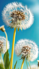 Dandelion flowers on a background of the blue sky and clouds