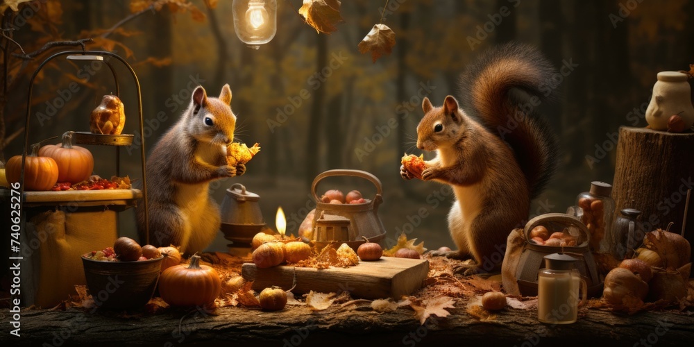 Poster two squirrels are sitting on a table with pumpkins and apples. generative ai.