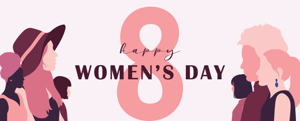 Happy women's day card with women of different ethnicities and cultures stand side by side together.	
