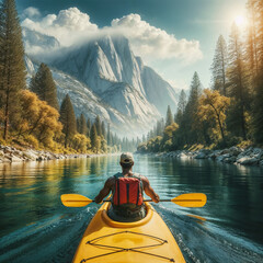 Adventurous kayaker paddling through a serene river with majestic mountain views and lush forests.