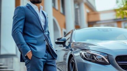 Closeup of a businessman wearing an elegant blue suit with white shirt and sunglasses, standing next to his luxurious and expensive car. Looking at the camera. Private professional chauffeur driver
