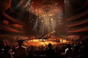 Set the scene for a symphonic journey with a concert hall background, featuring tiered seating,...