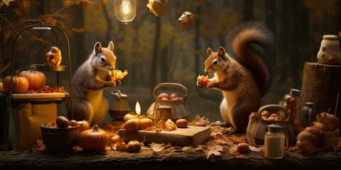 Two squirrels are sitting on a table with pumpkins and apples. Generative AI. - obrazy, fototapety, plakaty