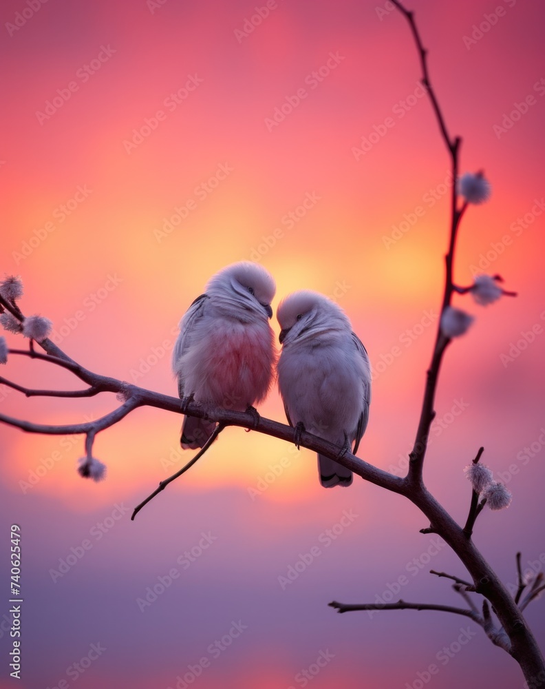 Poster two birds sitting on a branch with a sunset in the background. generative ai.