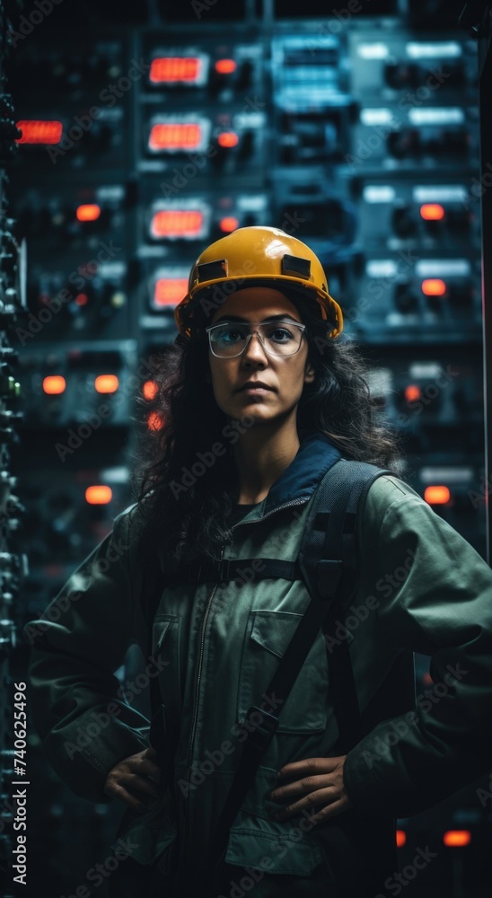 Poster portrait of a woman in a lab coat and helmet standing in front of a computer. generative ai.