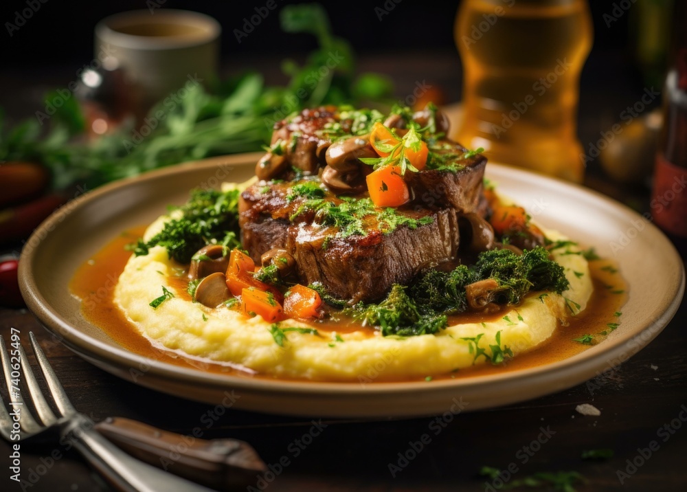 Poster beef with mashed potatoes and vegetables on a plate. generative ai.