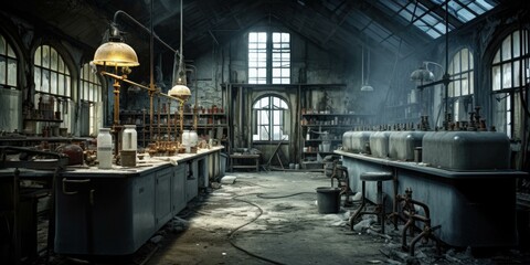 An old abandoned laboratory with lots of old equipment. Generative AI. - obrazy, fototapety, plakaty