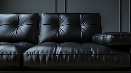 Black leather sofa in a dark room background