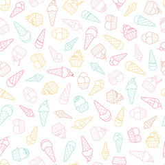 multicolor seamless vector pattern. soft serve ice cream in cone and cup. multicolor silhouettes in line hand drawn style