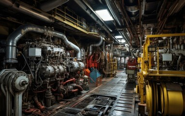 Fototapeta premium The inside of a ship engine room. Generative AI.