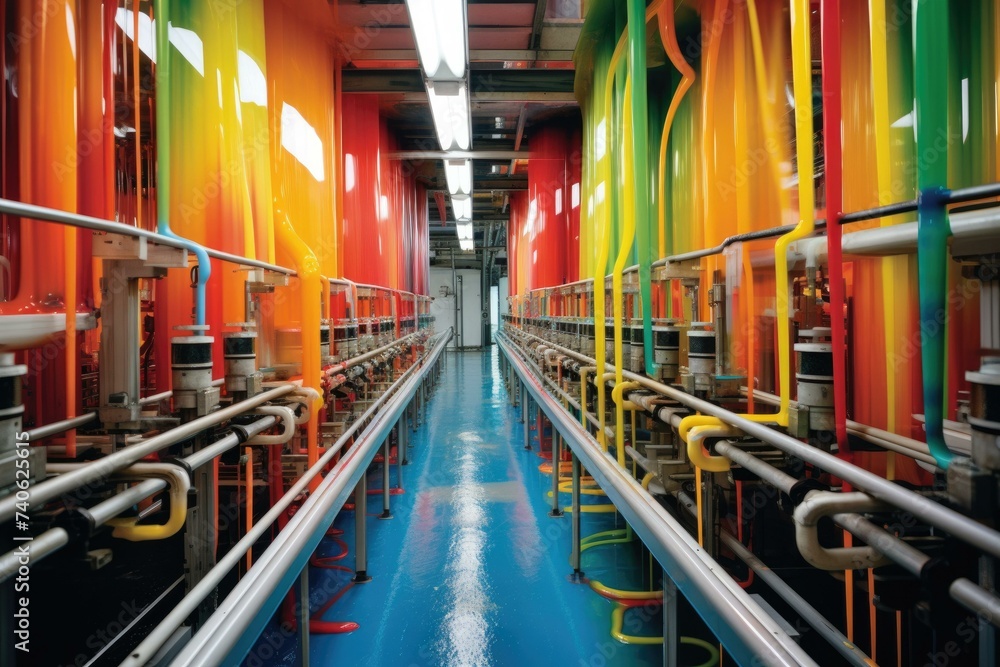 Poster a long line of colorful tubes in a factory. generative ai.