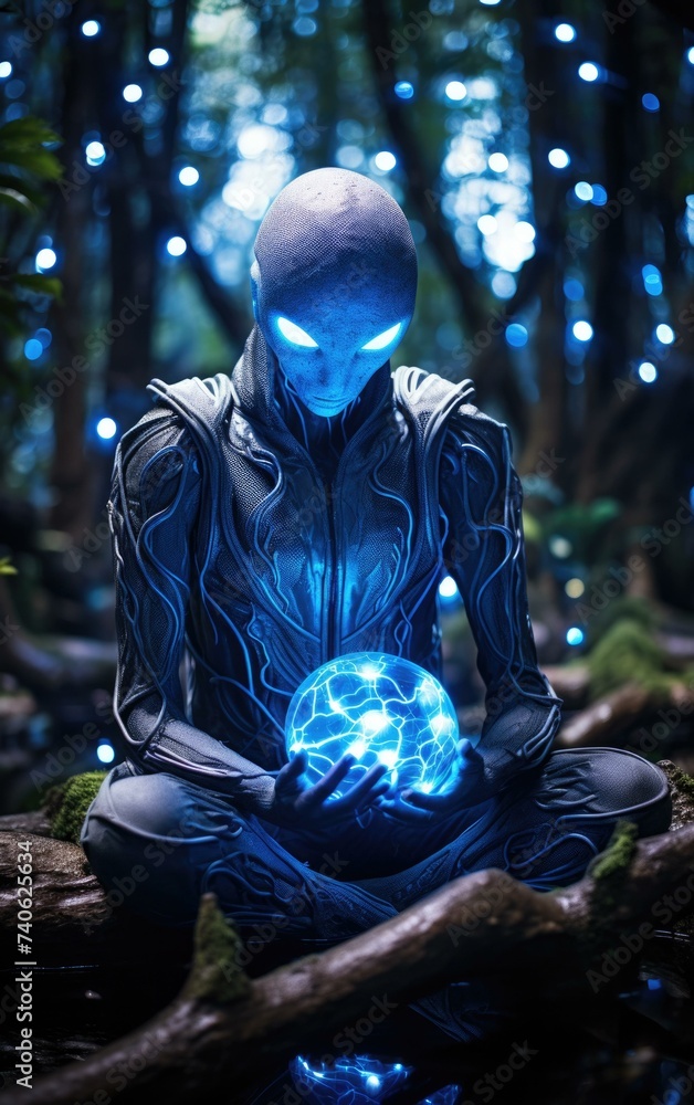 Poster an alien in a forest with glowing lights. generative ai.