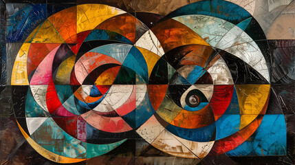 Swirling colors and geometric shapes collide and merge, depicting the balance and tension between randomness and structure. Abstract backdrop modern art concept.