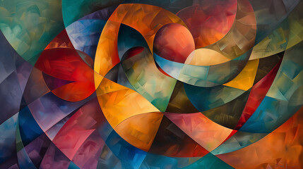 Swirling colors and geometric shapes collide and merge, depicting the balance and tension between randomness and structure. Abstract backdrop modern art.