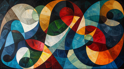 Swirling colors and geometric shapes collide and merge, depicting the balance and tension between randomness and structure. Abstract background art.