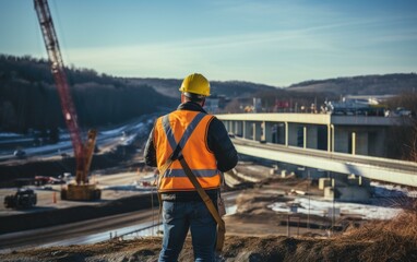 A construction worker standing on a hill overlooking a highway. Generative AI.