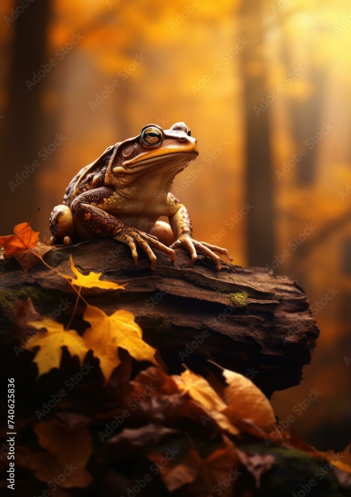 Poster a frog sits on a log in the woods. generative ai.