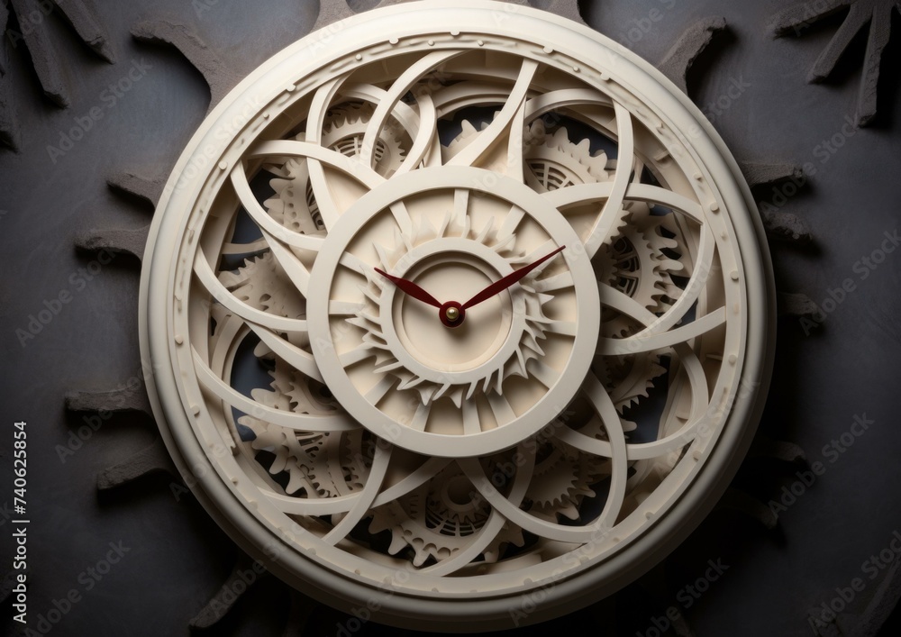 Poster a clock with gears on the face and a red hand. generative ai.