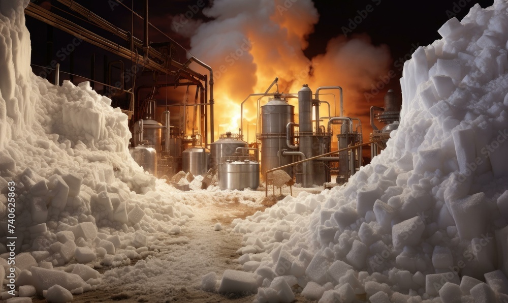Poster a factory with snow and pipes in the background. generative ai.