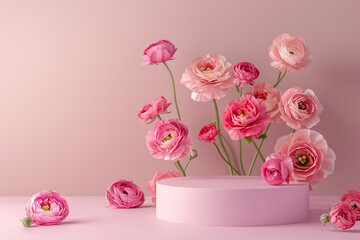 Showcase for product and cosmetic presentation. Blank round podium and delicate pink ranunculus against pink wall. Mock up. Template. Copy space.