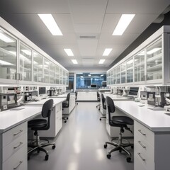 Fototapeta premium A laboratory with many desks and computers. Generative AI.