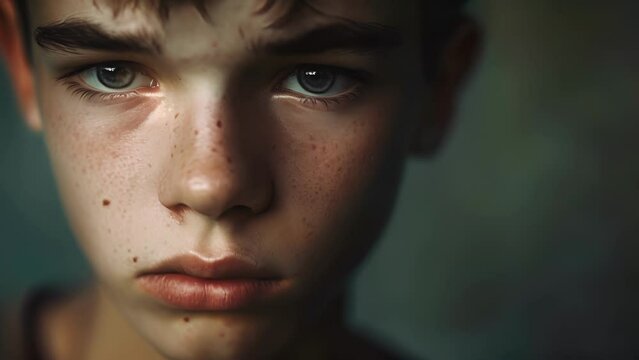 A teenage boy with a distant look in his eyes his expression betraying the pain and fear he carries from his traumatic past, Freckled Young Boy Smiling