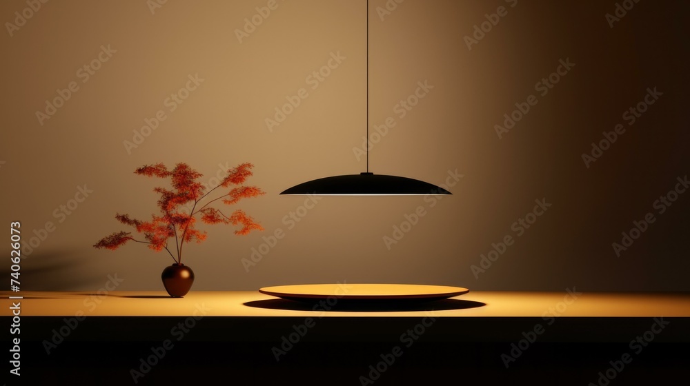 Poster a table with a vase of flowers and a lamp. generative ai.