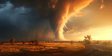 Deurstickers A tornado is seen in the distance as it rolls over a field. Generative AI. © serg3d