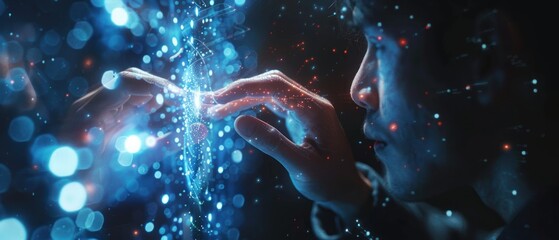 Close-up of a focused man interacting with a futuristic, digital interface with glowing elements and abstract shapes.