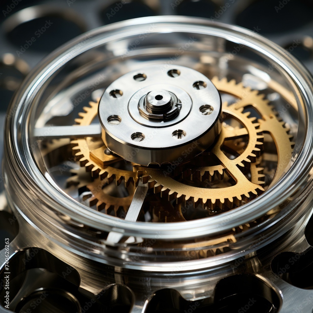 Poster a close up of a watch with gears inside. generative ai.