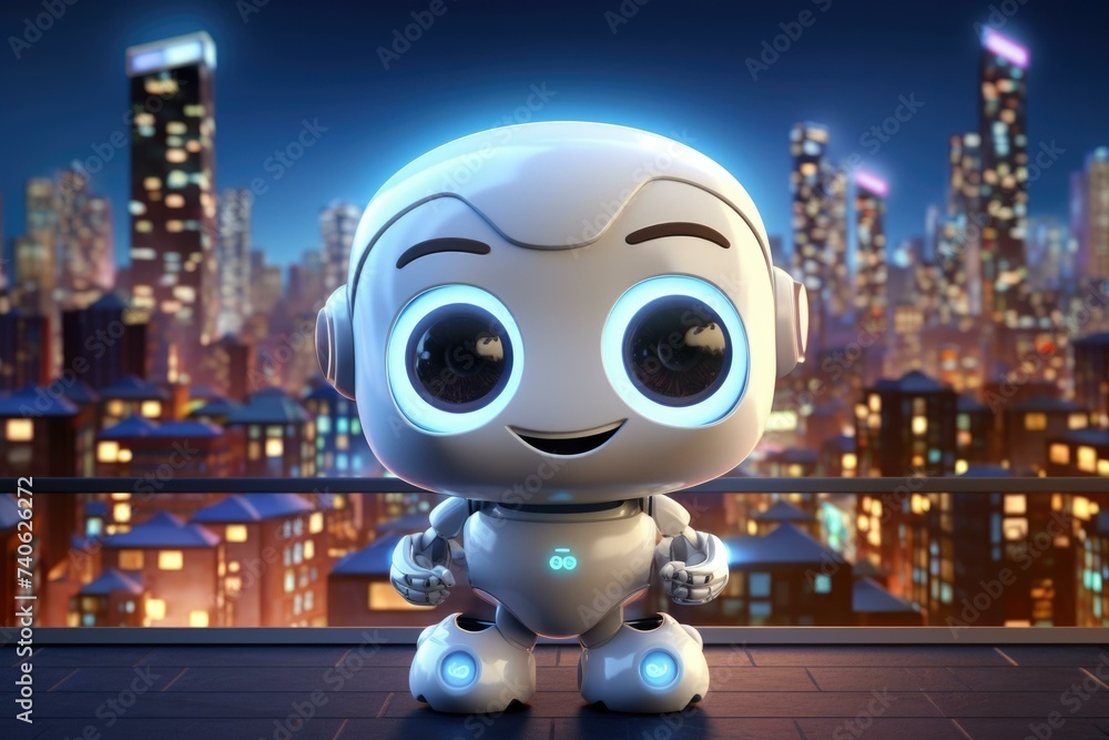 Poster a robot with glowing eyes standing on a rooftop. generative ai.