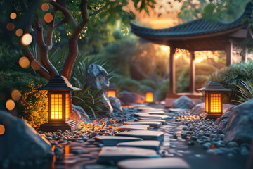 Zen Garden with Pathway Lined by Glowing Lanterns