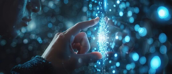 Close-up of a focused man interacting with a futuristic, digital interface with glowing elements and abstract shapes.