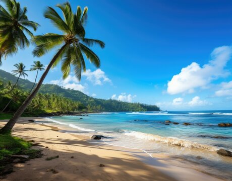 A tropical beach with palm trees and blue water. Generative AI.