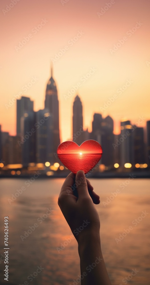 Poster hand holding a red heart shaped object in front of a city skyline. generative ai.