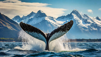 Closeup of a humpback whale tail splashing in sea water, in the background a winter landscape with snow-capped mountain peaks. Generative Ai. - obrazy, fototapety, plakaty