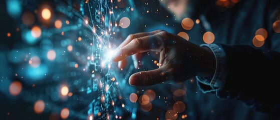 Close-up of a focused man interacting with a futuristic, digital interface with glowing elements and abstract shapes.