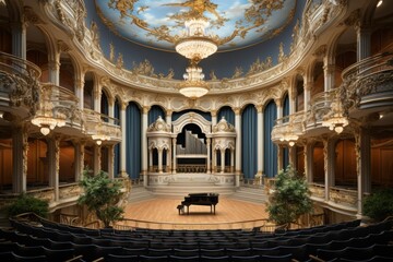 Naklejka premium Step into the world of classical elegance with a concert hall background, featuring ornate details, sweeping balconies, and an atmosphere, Generative AI