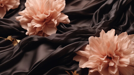 Brown silk drapery with flowers. Floral elegant background with fabric and flowers for design.