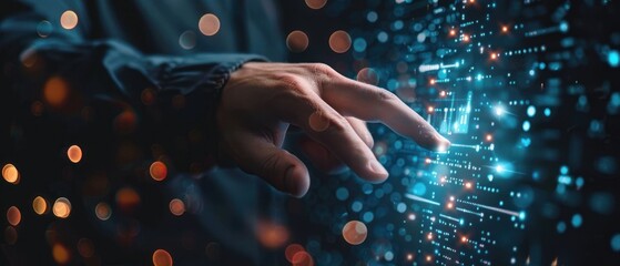 Close-up of a focused man interacting with a futuristic, digital interface with glowing elements and abstract shapes.