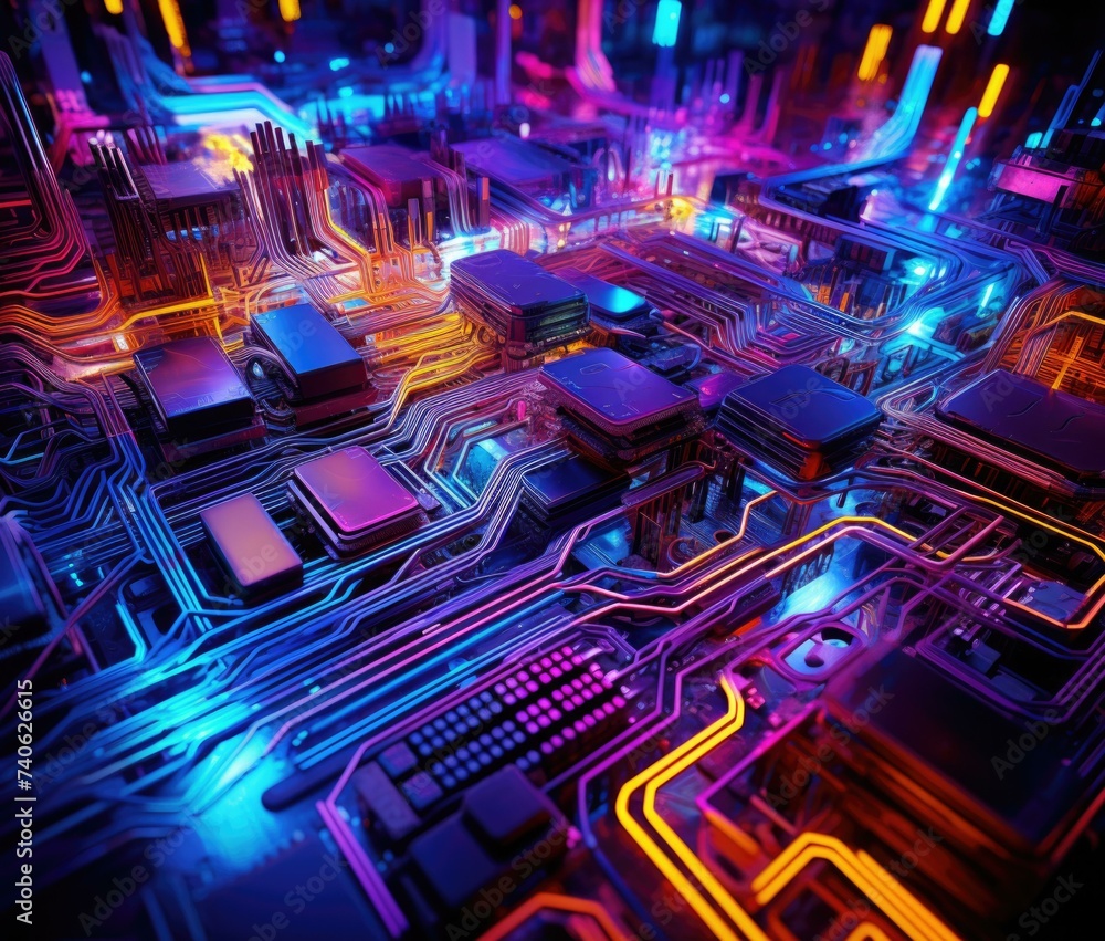 Poster a computer motherboard with glowing lights. generative ai.