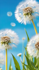 White dandelions on a background of blue sky, close-up
