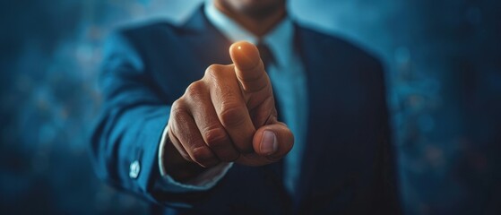 A professional businessman in a suit pointing forward, engaging with a holographic interface, symbolizing future technology.