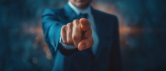 A professional businessman in a suit pointing forward, engaging with a holographic interface, symbolizing future technology.