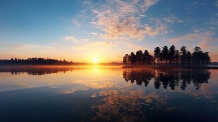 Naklejka premium Panoramic sunrise over the lake