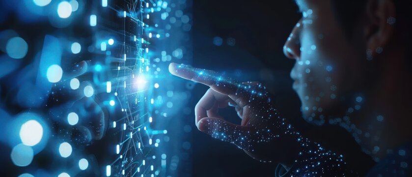 Close-up of a focused man interacting with a futuristic, digital interface with glowing elements and abstract shapes.