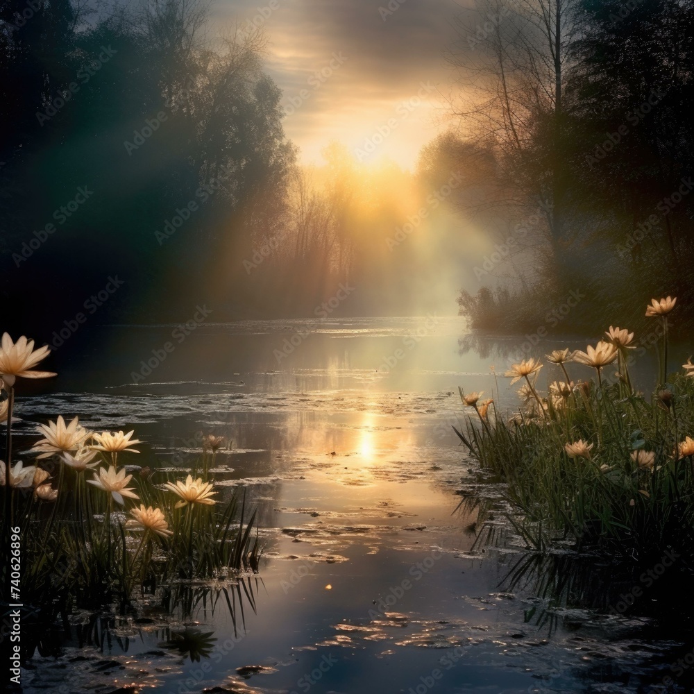 Poster sunlight shining through the trees and flowers on a lake. generative ai.