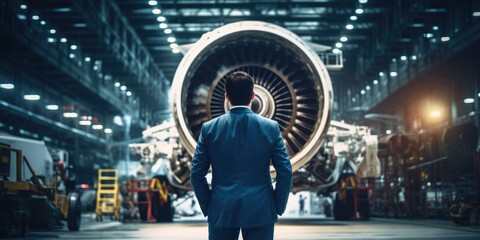 A man in a suit standing in front of an airplane engine. Generative AI.